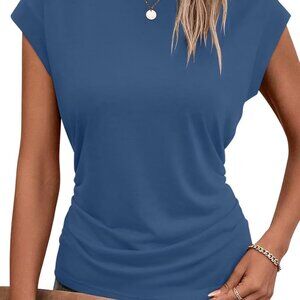 Womens Summer Cap Sleeve Tops Business Casual Crewneck T Shirts Trendy Outfits B